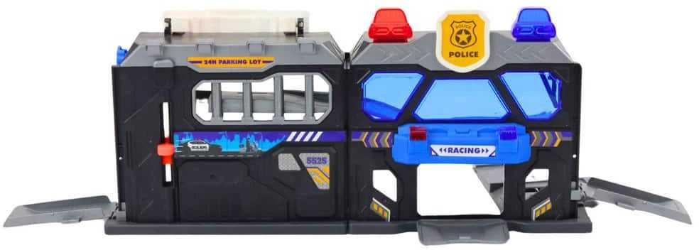 Lean Toys Išplečiamas žaislinis garažo rinkinys lagamine su policijos šviesomis, 56x23x18 cm
