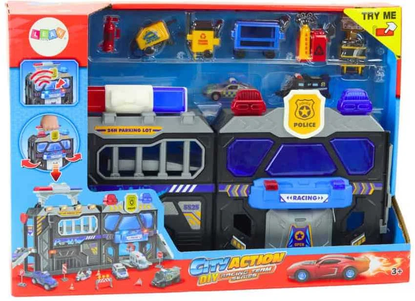 Lean Toys Išplečiamas žaislinis garažo rinkinys lagamine su policijos šviesomis, 56x23x18 cm