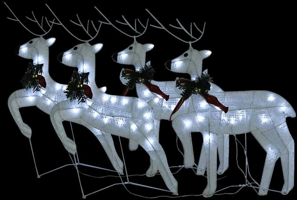 Kalėdiniai elniai, 4vnt., šaltų baltų, 80 LED lempučių