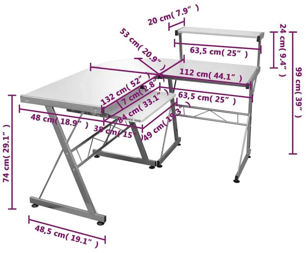 Kampinis kompiuterio stalas, baltas, 132x112x99cm, mediena