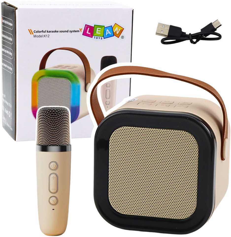 Lean Toys Belaidė karaoke kolonėlė su mikrofonu K12 RGB Bluetooth smėlinė