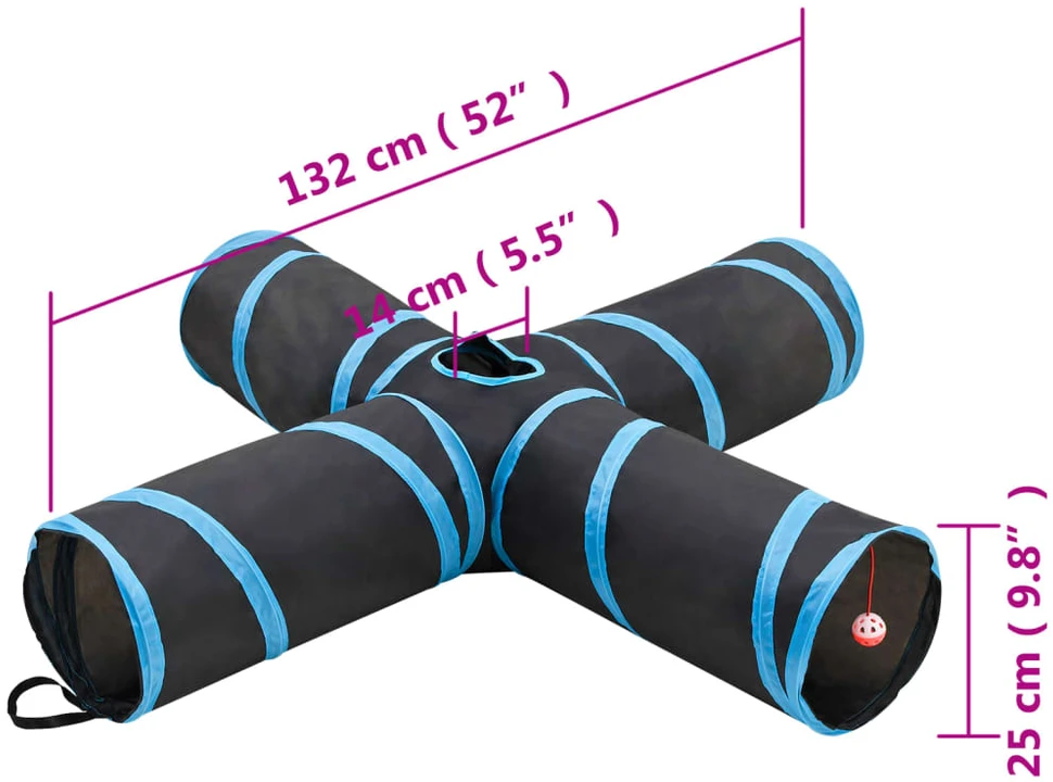 Katės tunelis, 4 krypčių, juodas ir mėlynas, 132 cm, poliesteris