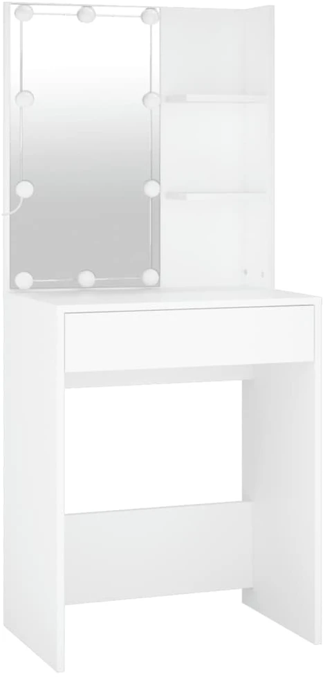 Kosmetinis staliukas su LED ir 2 spintelėmis, baltas, mediena