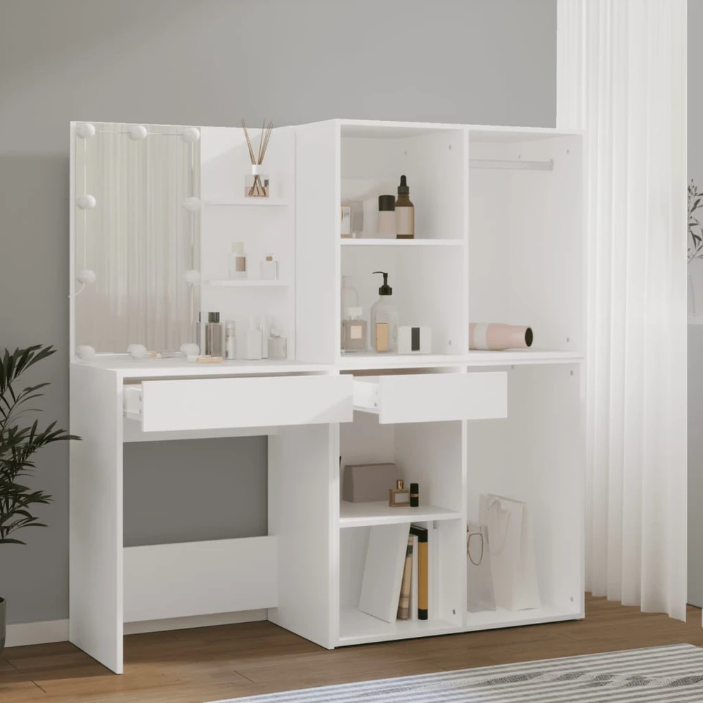 Kosmetinis staliukas su LED ir 2 spintelėmis, baltas, mediena