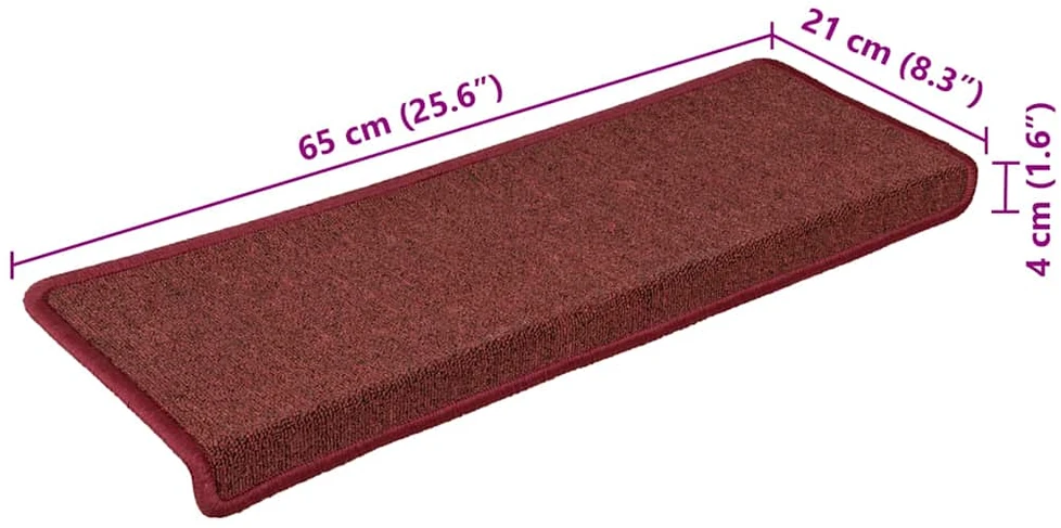 Laiptų kilimėliai, 30 vnt., 65x21x4 cm, bordo spalvos, stačiakampiai kraštai