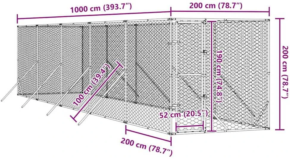 Lauko voljeras šunims, sidabrinis, 2x10x2m, plienas