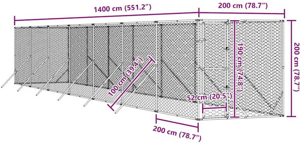 Lauko voljeras šunims, sidabrinis, 2x14x2m, plienas