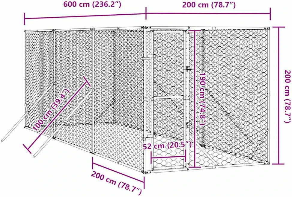 Lauko voljeras šunims, sidabrinis, 2x6x2m, plienas