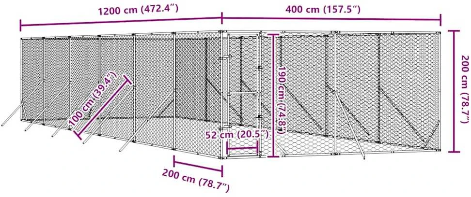 Lauko voljeras šunims, sidabrinis, 4x12x2m, plienas