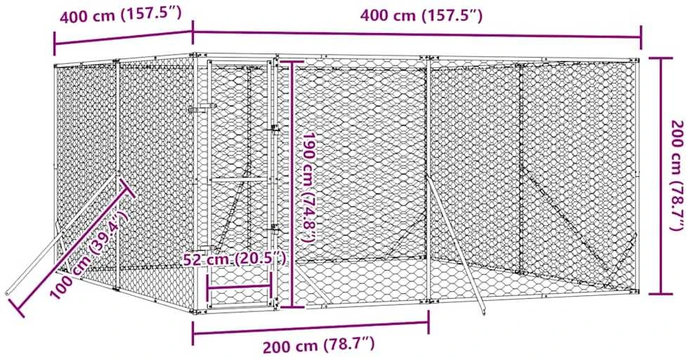 Lauko voljeras šunims, sidabrinis, 4x4x2m, plienas