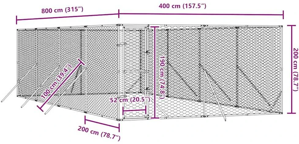 Lauko voljeras šunims, sidabrinis, 4x8x2m, plienas