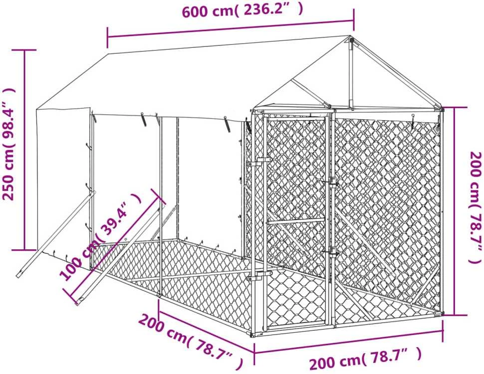 Lauko voljeras šunims su stogu, sidabrinis, 2x6x2,5m, plienas
