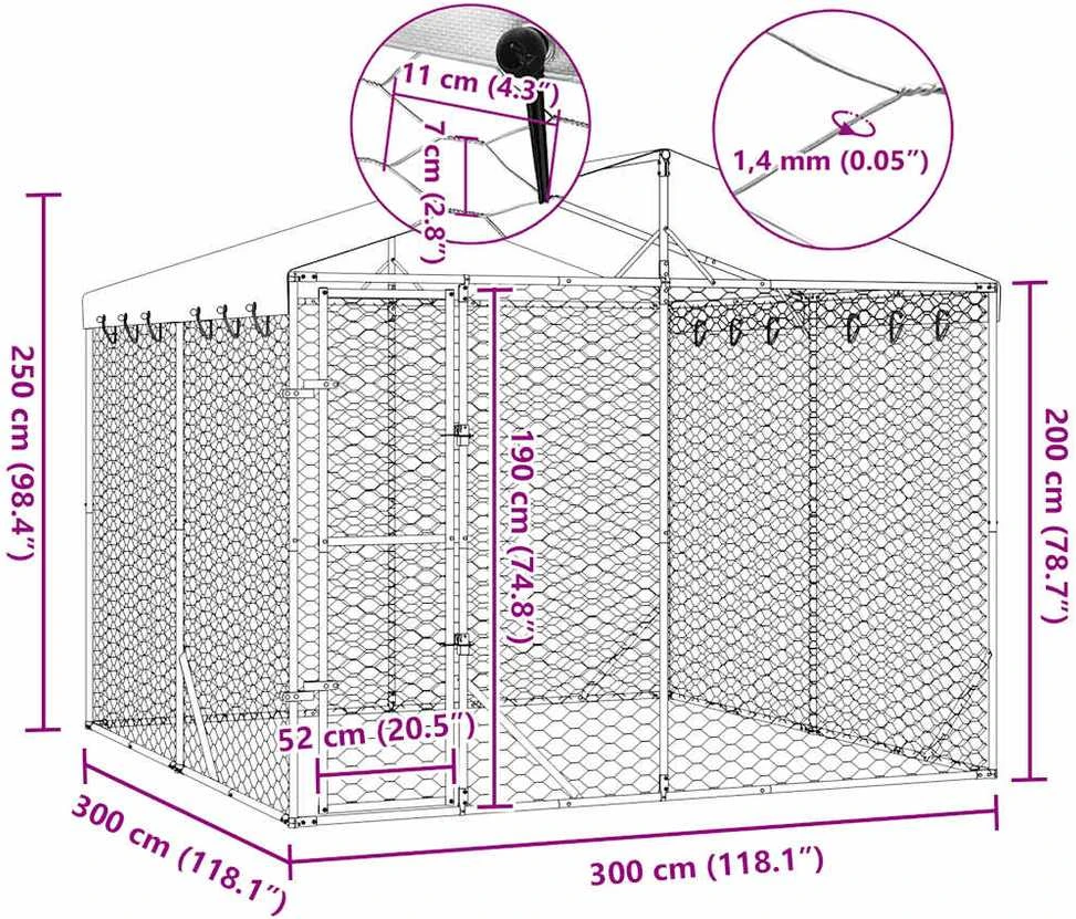 Lauko voljeras šunims su stogu, sidabrinis, 3x3x2,5m, plienas