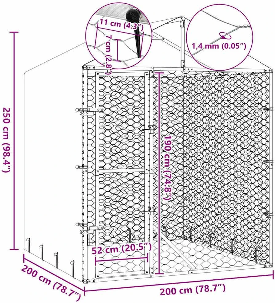 Lauko voljeras šunims su stogu, sidabrinis, 2x2x2,5m, plienas