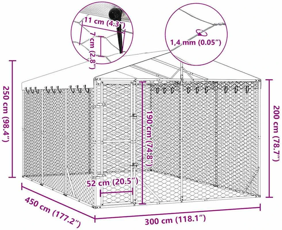 Lauko voljeras šunims su stogu, sidabrinis, 3x4,5x2,5m, plienas