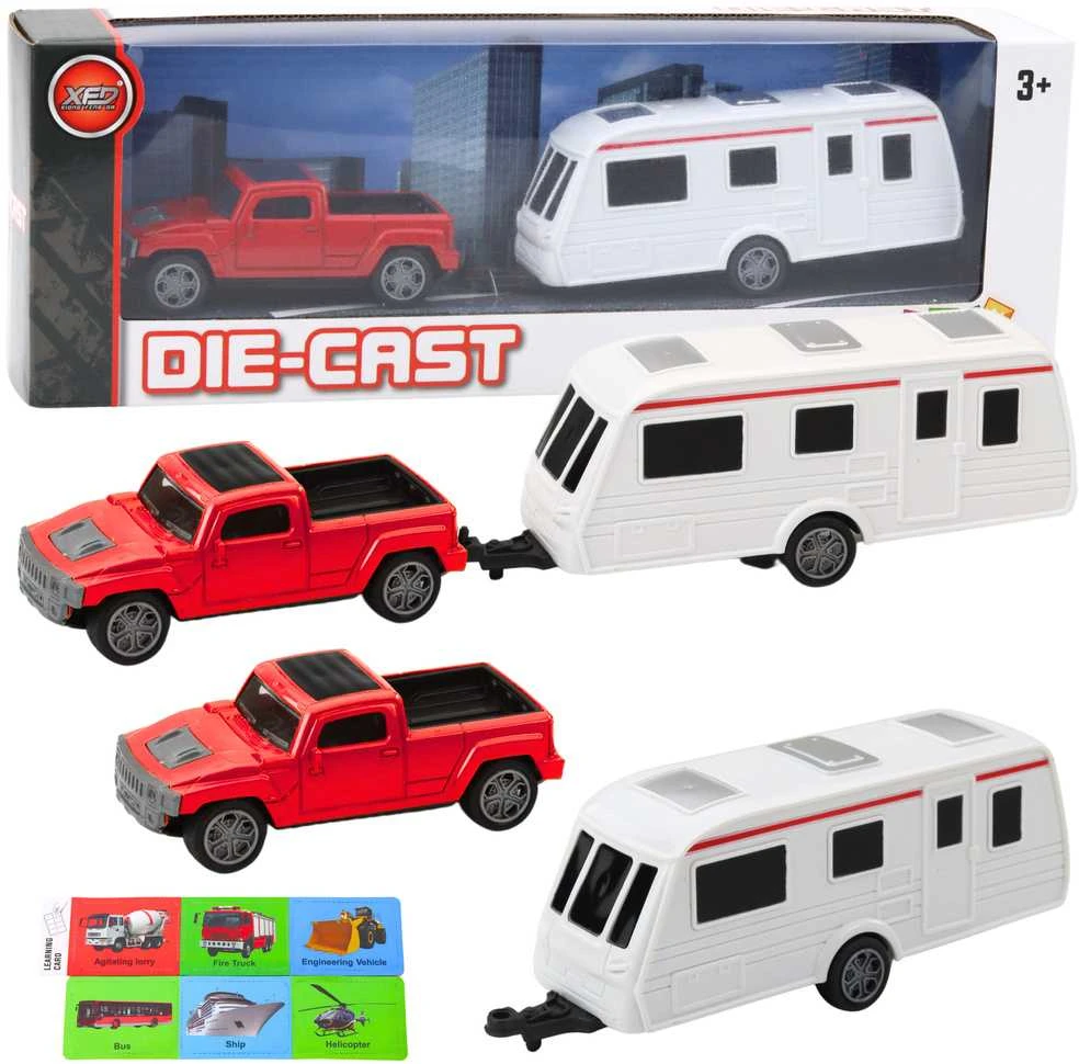 Lean Toys Raudonas metalinis automobilis su kemperiu