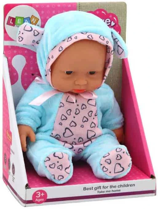 Lean Toys Maža lėlė su mėlynais drabužiais, skrybėle ir ausimis