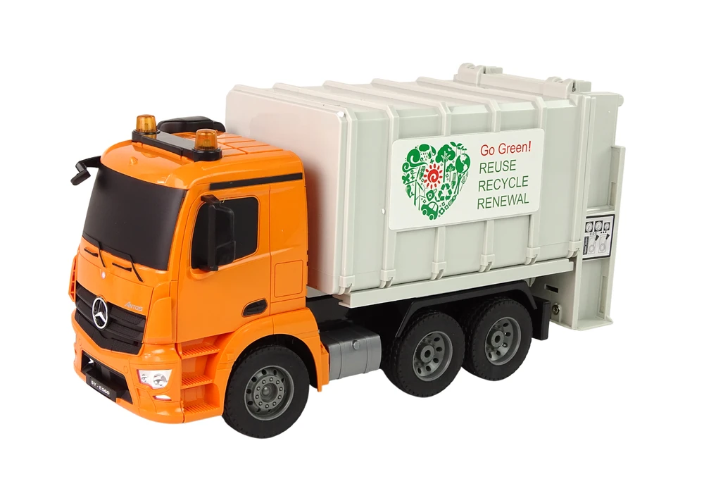 Double E Nuotoliniu būdu valdomas sunkvežimis RC Garbage Truck Mercedes-Benz Antos, oranžinis