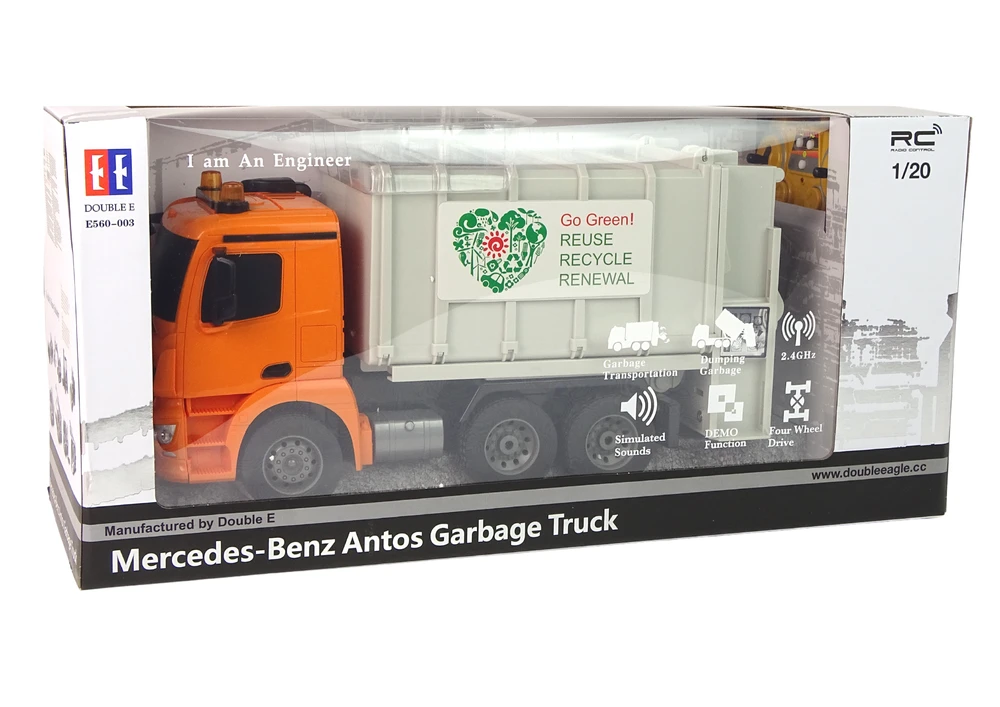 Double E Nuotoliniu būdu valdomas sunkvežimis RC Garbage Truck Mercedes-Benz Antos, oranžinis