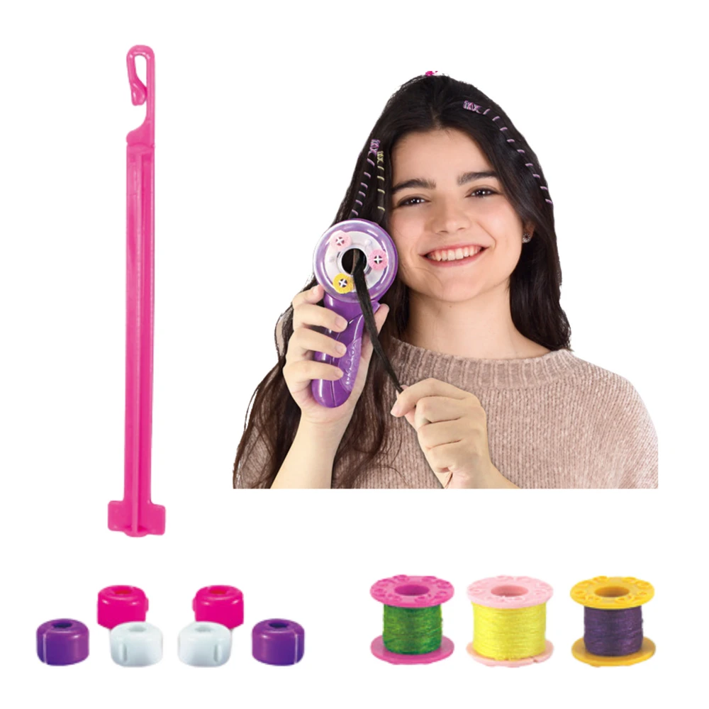 Lean Toys Plaukų pynimo rinkinys su pynimo mašinėle, siūlais ir gumelėmis