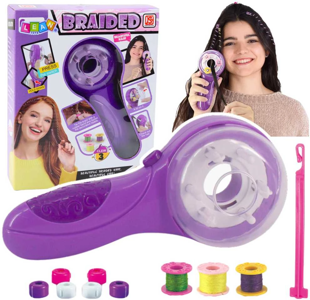 Lean Toys Plaukų pynimo rinkinys su pynimo mašinėle, siūlais ir gumelėmis