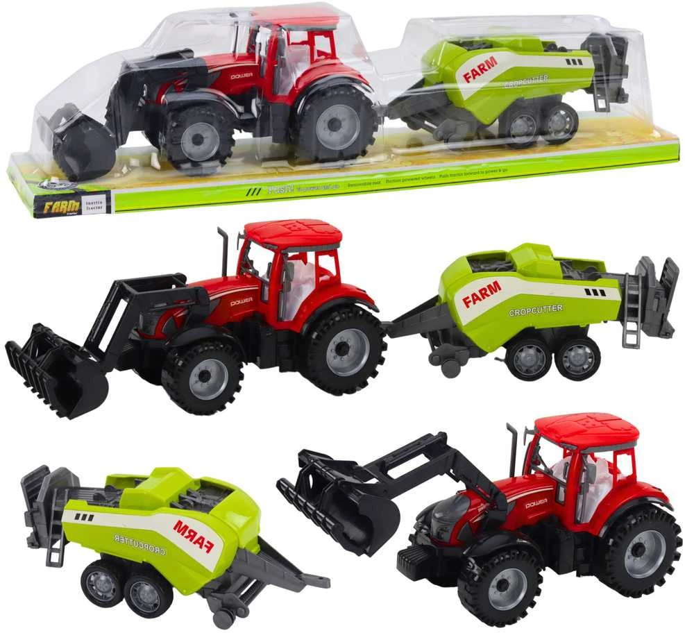 Lean Toys Raudonas traktorius su krautuvu ir presu