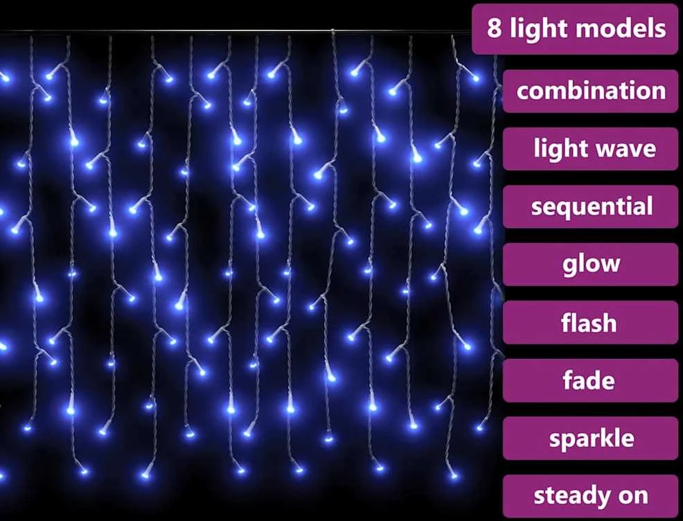 LED girlianda varvekliai, 10m, 400 mėlynų LED, 8 funkcijos
