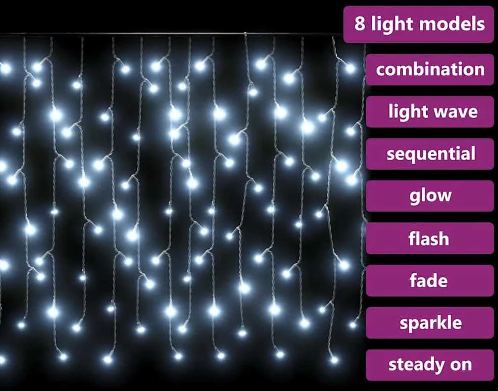 LED girlianda varvekliai, 10m, 400 šaltų baltų LED, 8 funkcijos