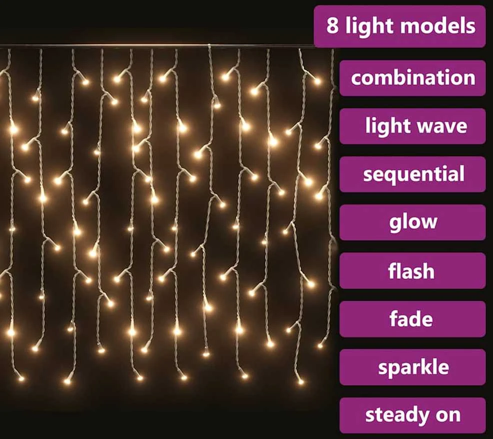 LED girlianda varvekliai, 10m, 400 šiltų baltų LED, 8 funkcijos
