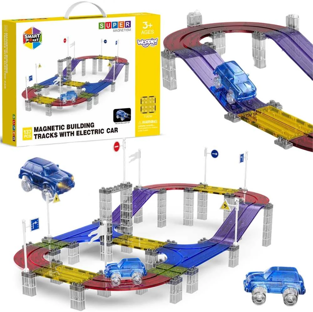 Woopie Magnetinis Automobilių Trasos Komplektas su LED Automobiliu