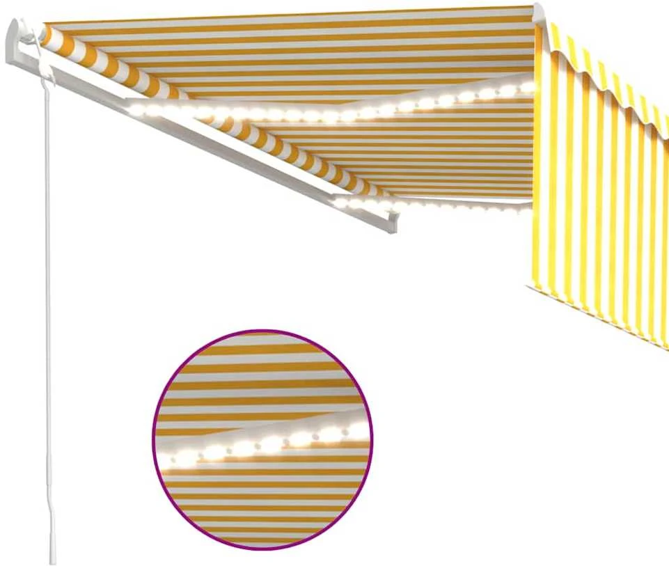 Markizė su uždanga/LED/vėjo jutikliu, geltona/balta, 4x3m