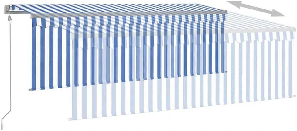 Markizė su uždanga/LED/vėjo jutikliu, mėlyna/balta, 4x3m