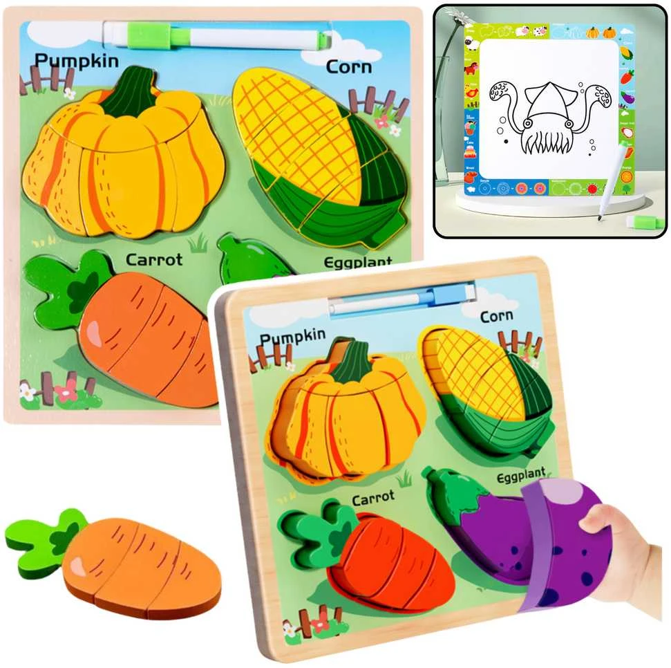 Lean Toys Medinė lavinamoji dėlionė su daržovėmis ir piešimo lenta