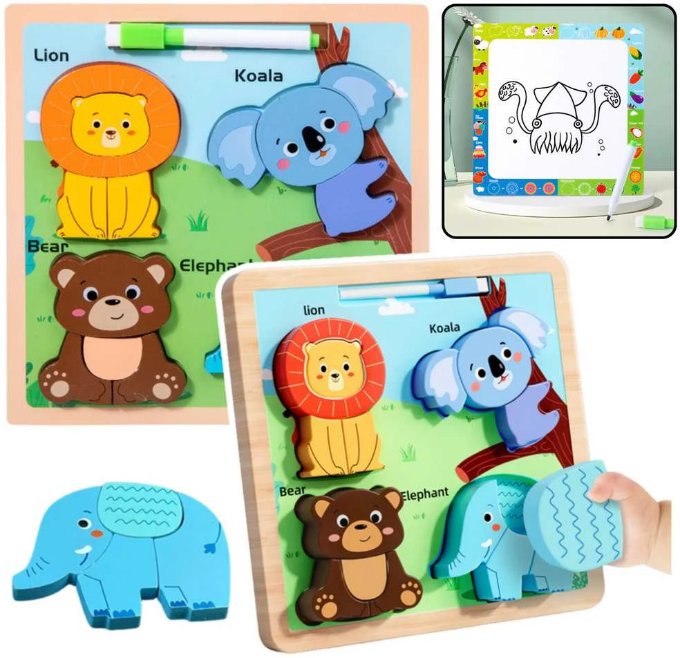 Lean Toys Medinė edukacinė dėlionė su piešimo lenta