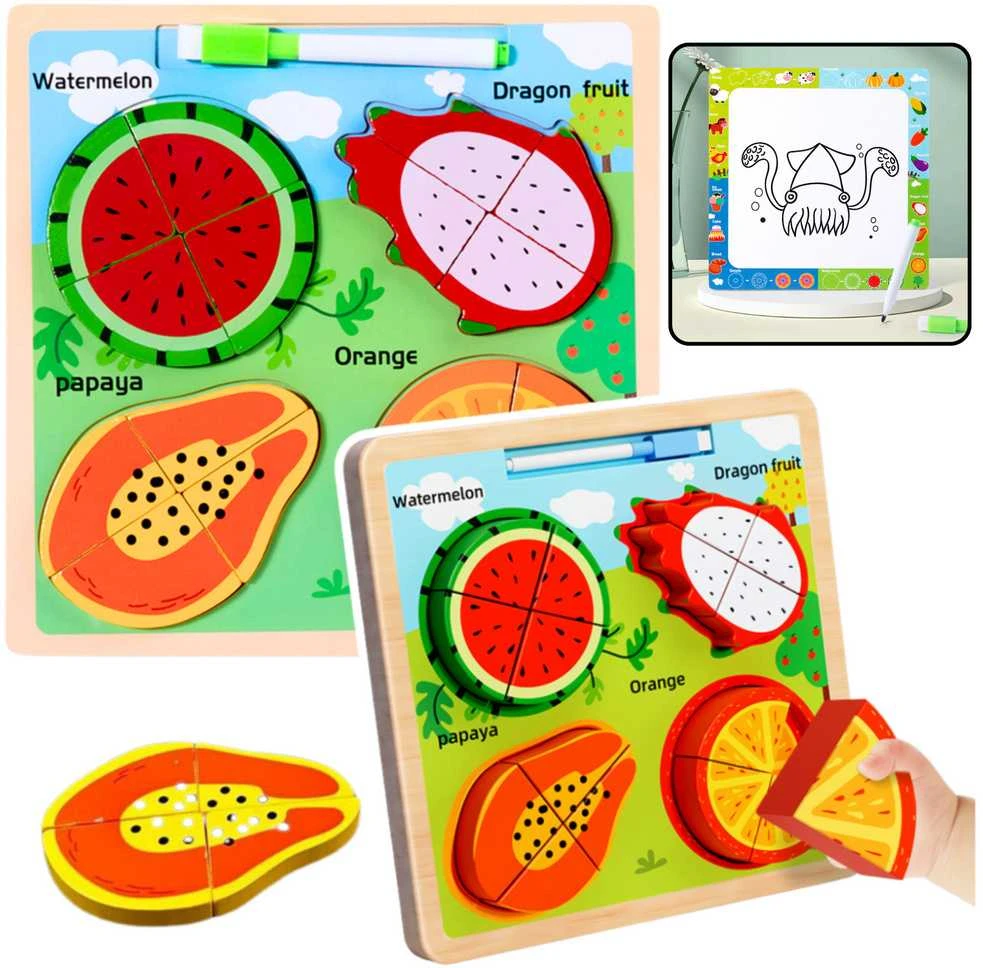 Lean Toys Medinis lavinamasis vaisių dėlionės stovas su piešimo lenta