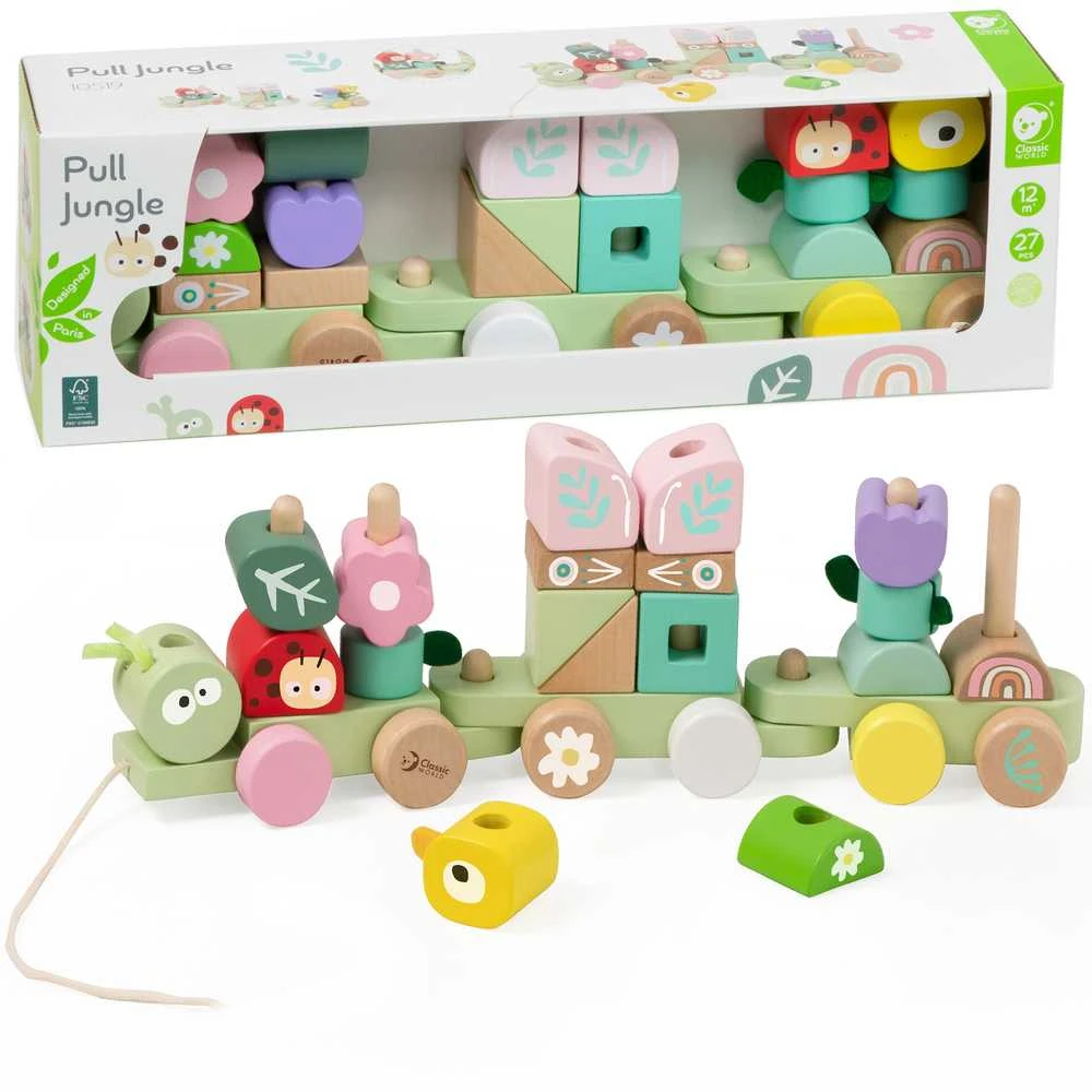 Classic World medinė Montessori Gąsienicos traukinys su 27 detalėmis