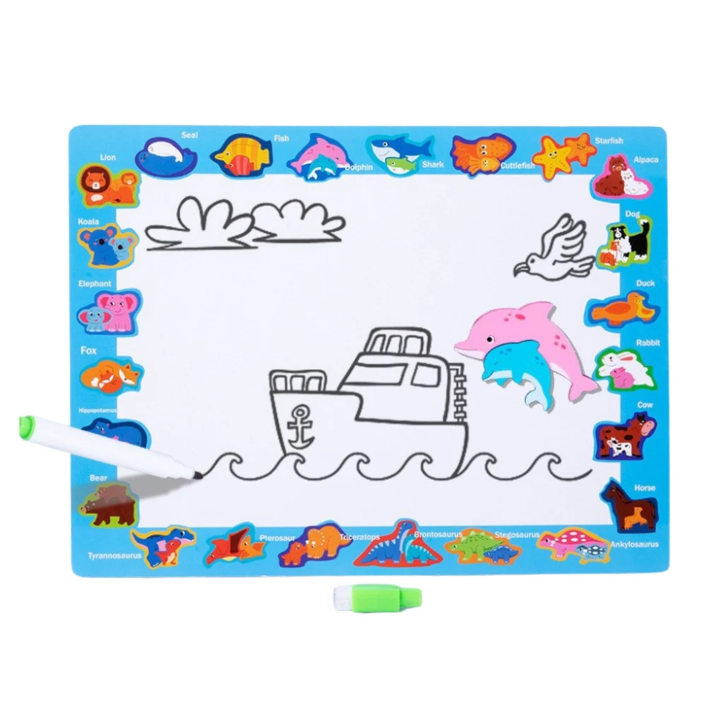 Lean Toys Medinė edukacinė dėlionė su dinozaurais ir piešimo lenta, 30 x 22.5 cm
