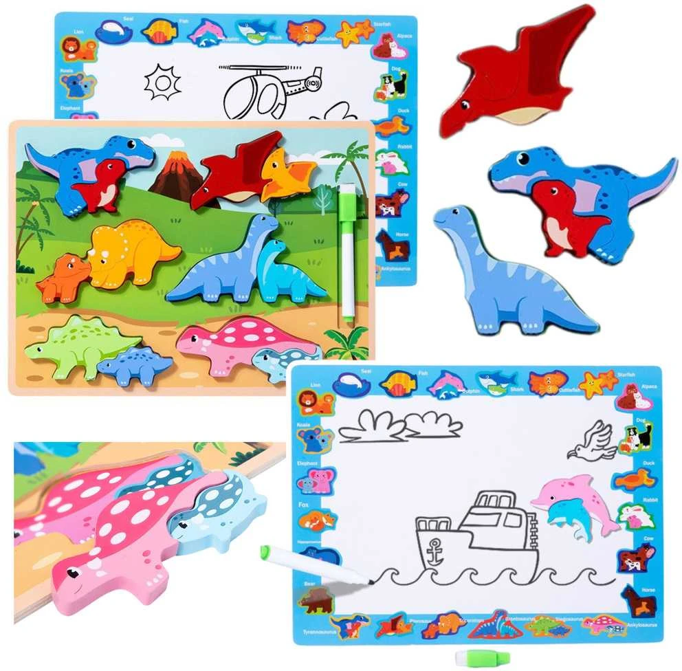 Lean Toys Medinė edukacinė dėlionė su dinozaurais ir piešimo lenta, 30 x 22.5 cm