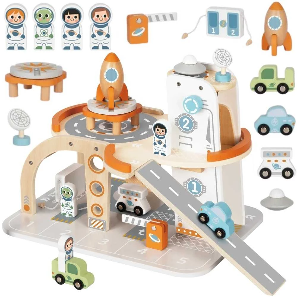 Tooky Toys Medinė kosminė stovėjimo stotis-kosminis parkingas TOOKY TOY