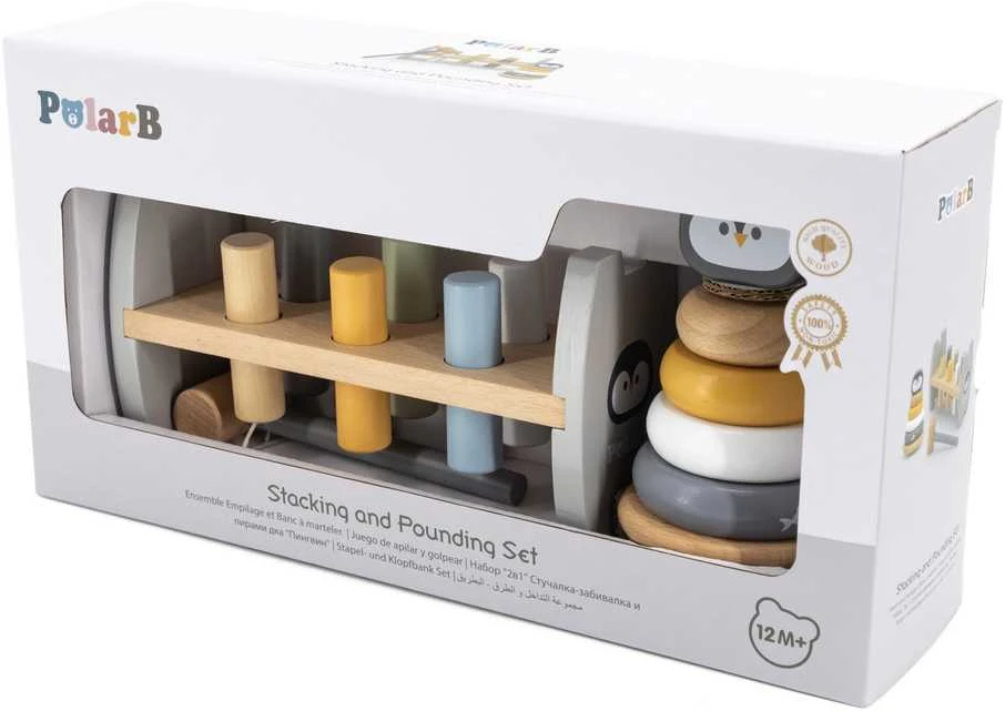 Viga Toys rinkinys Medinė piramidė + pingvinas Montessori plaktuku