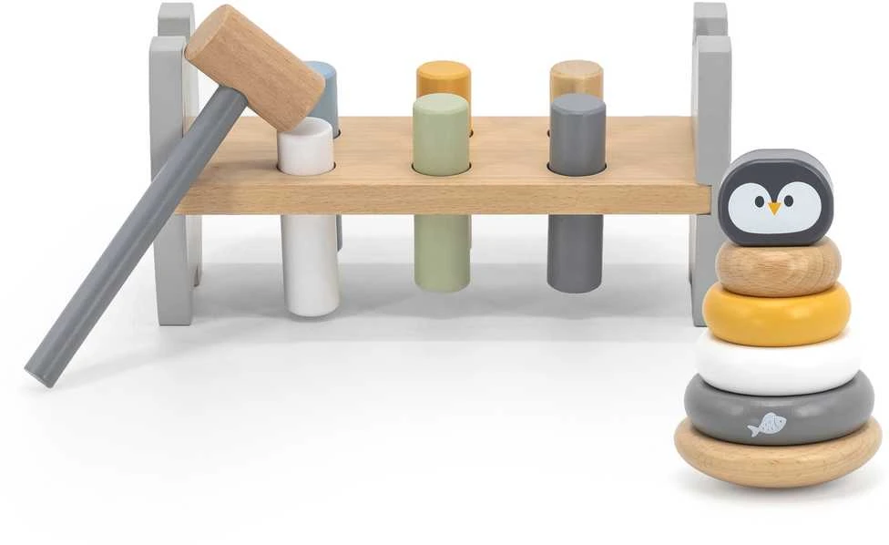 Viga Toys rinkinys Medinė piramidė + pingvinas Montessori plaktuku