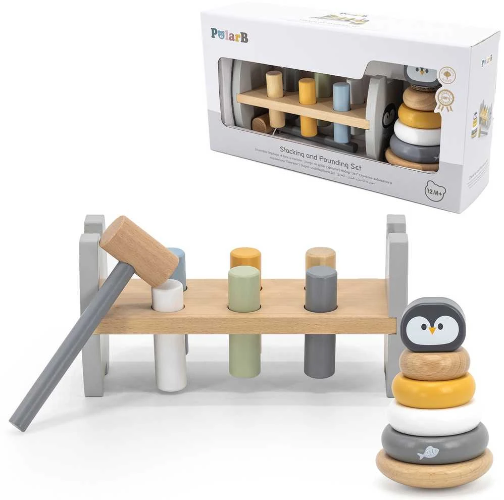Viga Toys rinkinys Medinė piramidė + pingvinas Montessori plaktuku