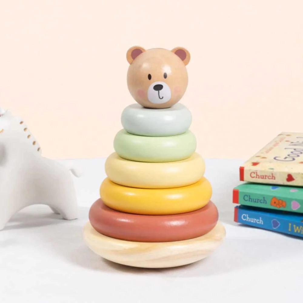 Tooky Toys Medinė sensorinė piramidė su meškiuku Tooky Toy