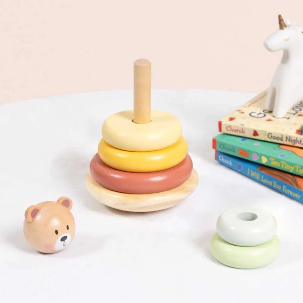 Tooky Toys Medinė sensorinė piramidė su meškiuku Tooky Toy