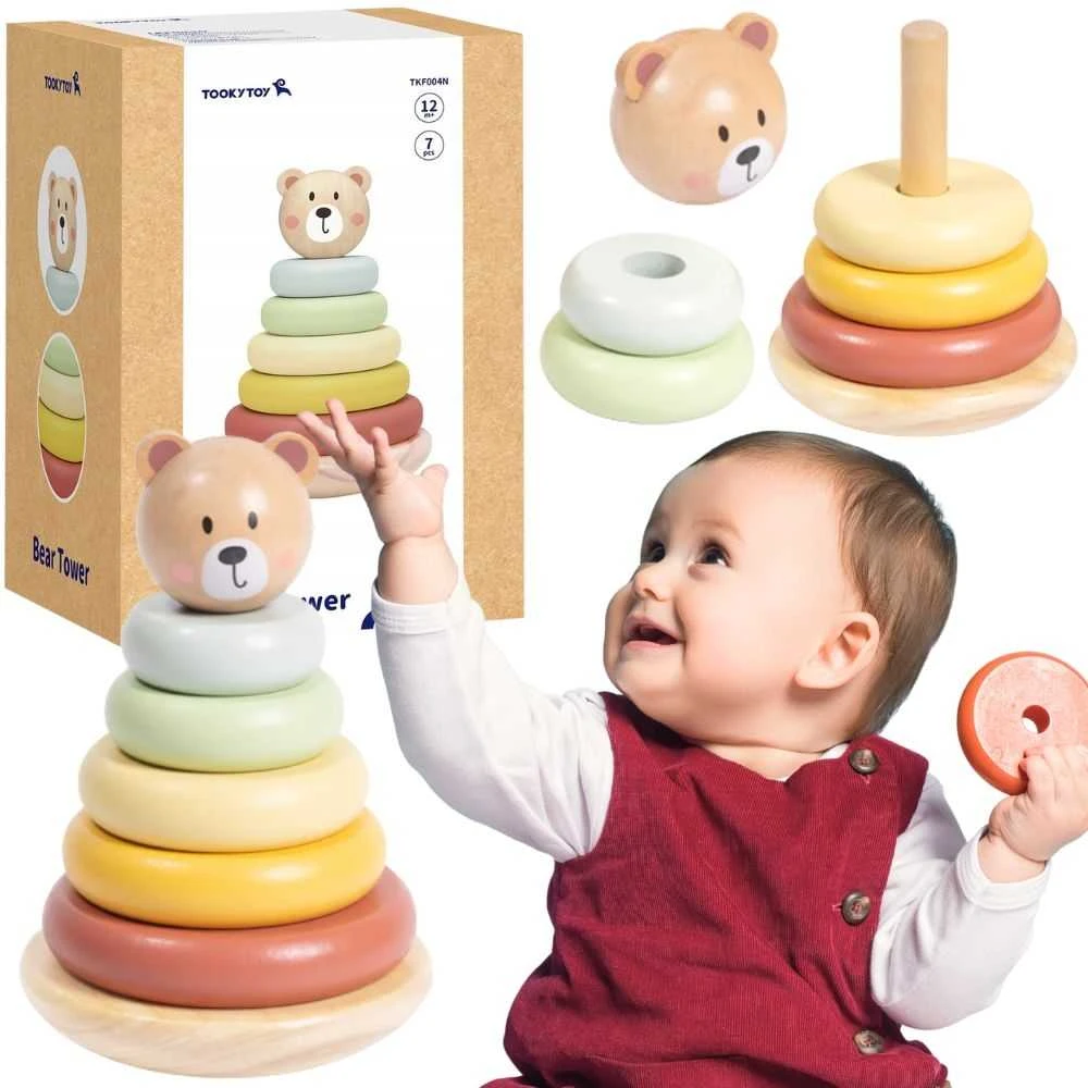 Tooky Toys Medinė sensorinė piramidė su meškiuku Tooky Toy