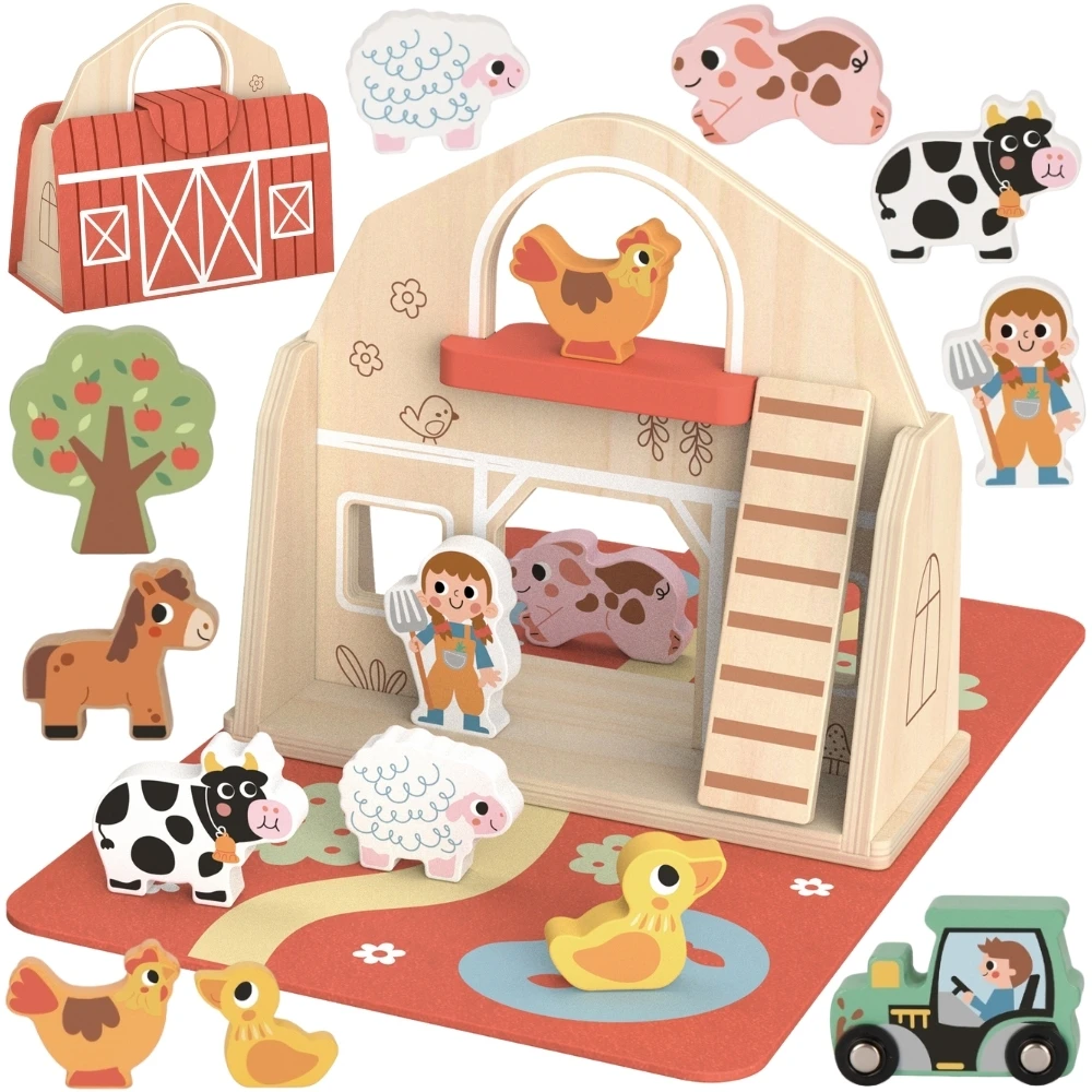 Tooky Toys Tooky Toy Medinė Skleidimo Ūkio Rinkinys su Figūrėlėmis