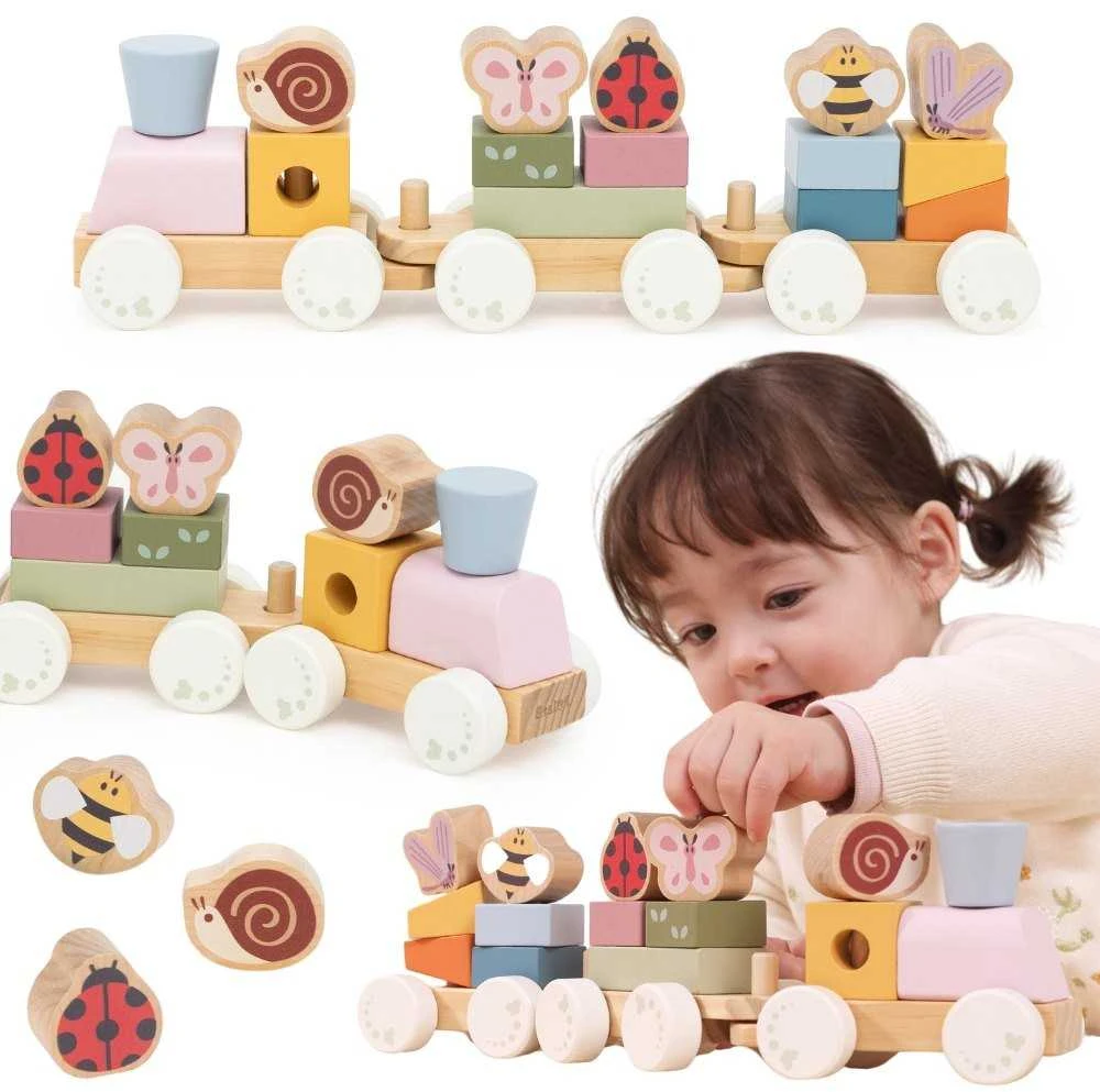 Viga Toys Medinis edukacinis pavasario traukinukas vaikams 18 dalių