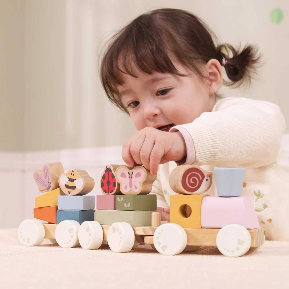 Viga Toys Medinis edukacinis pavasario traukinukas vaikams 18 dalių