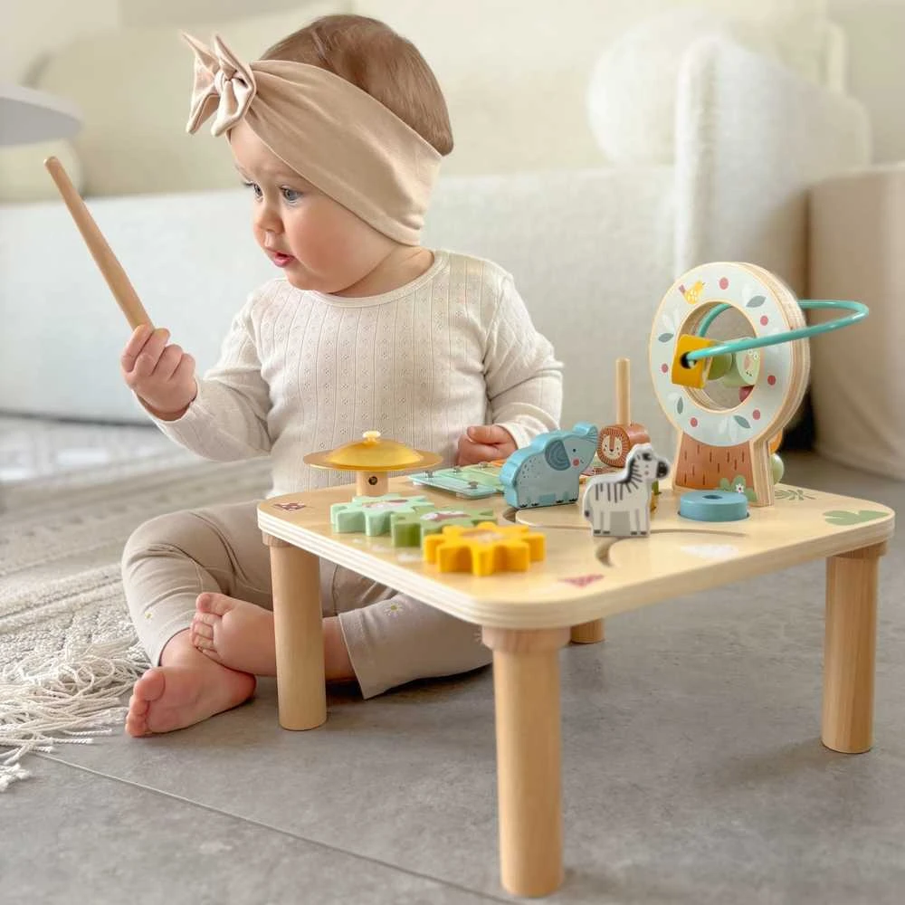 Medinis edukacinis staliukas WOOPIE Žalias muzikinis sensorinis labirintas 5in1