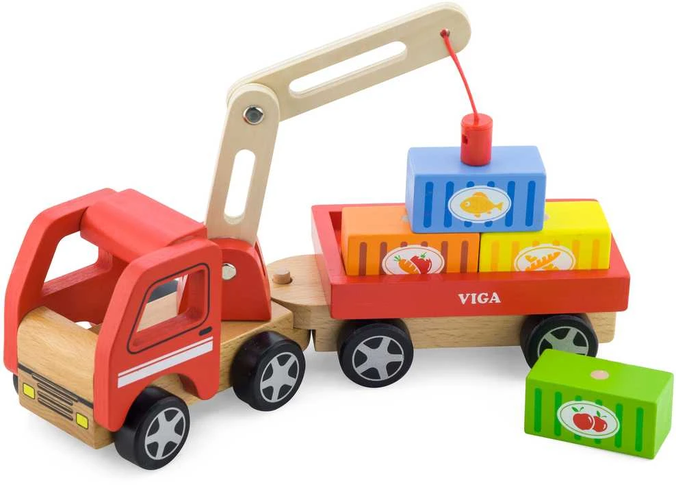 Viga Toys Medinis Kranas su Konteineriais